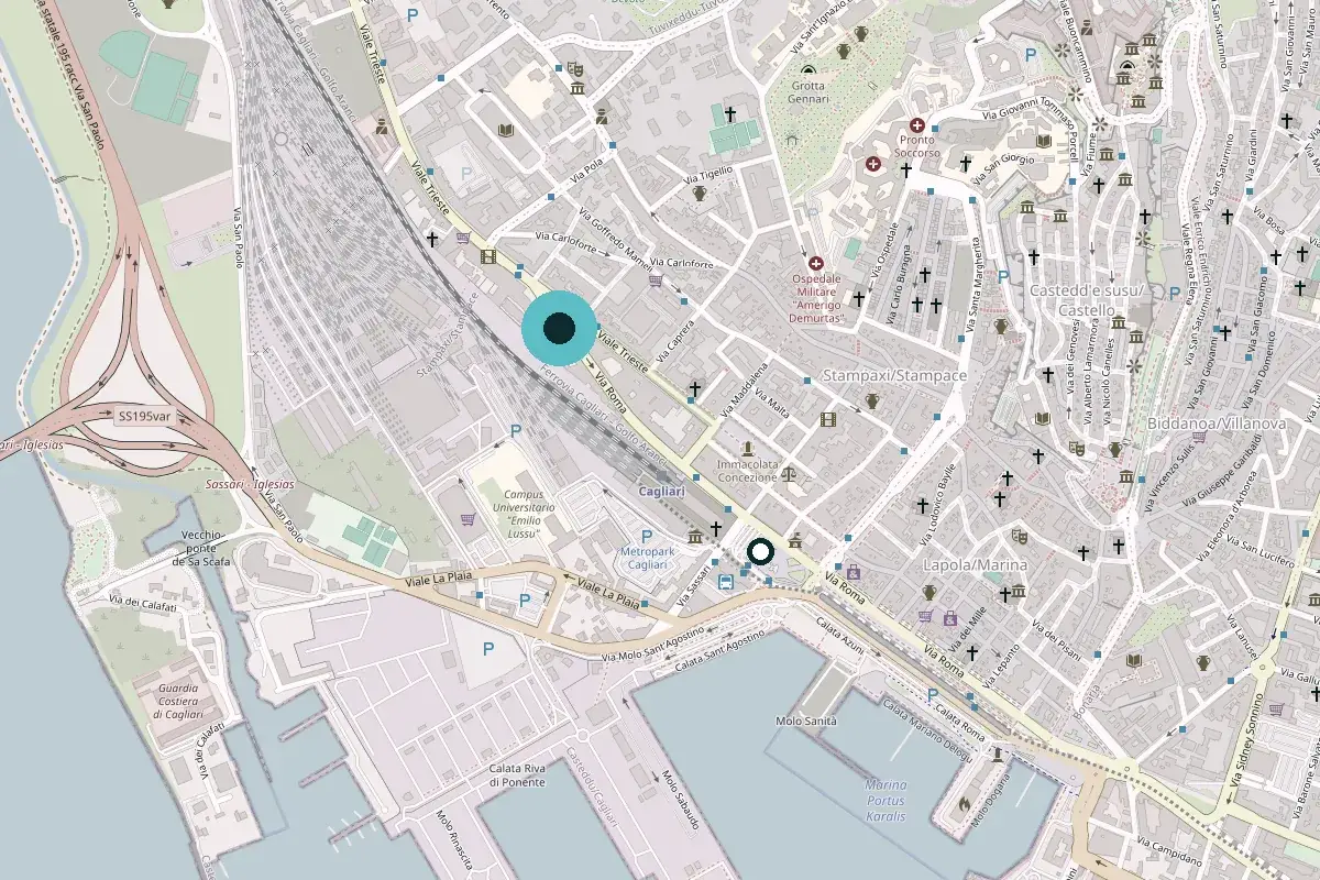 Mappa del centro di Cagliari con la posizione di Via Roma 74 e di Piazza Matteotti